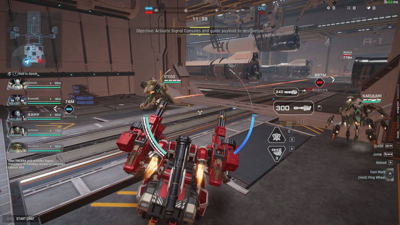 A red mech gets ready to fight, alongside some team mates.